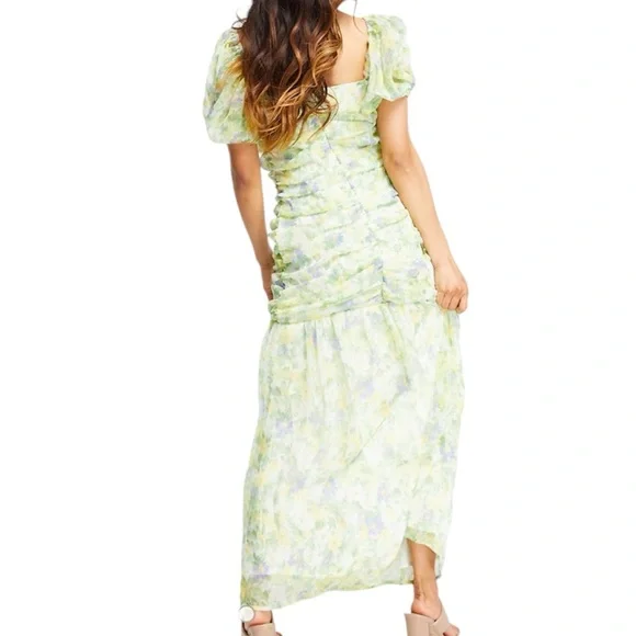 ASOS ruched puff sleeve maxi dress white base yellow blue floral print - Picture 2 of 15